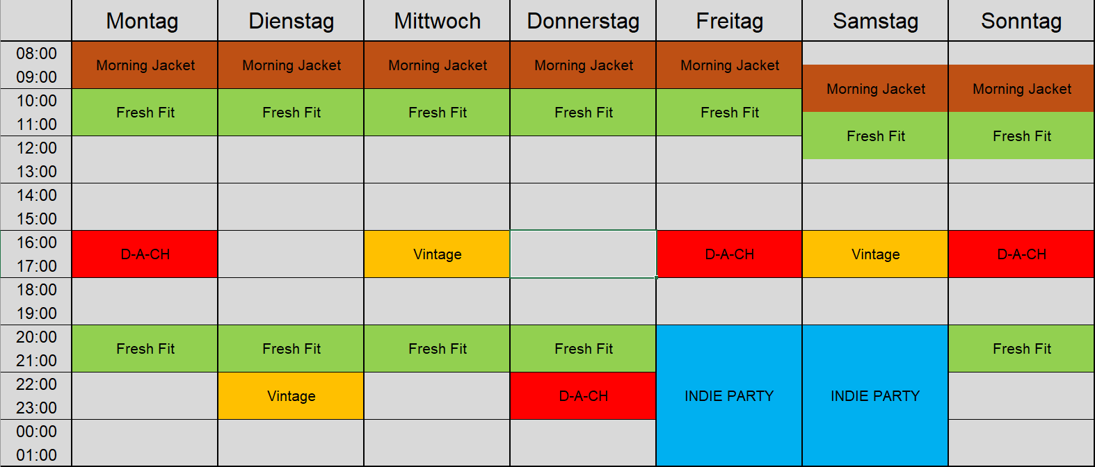 Eine Visualisierung des Sendeplans mit allen Sendungen und Uhrzeiten